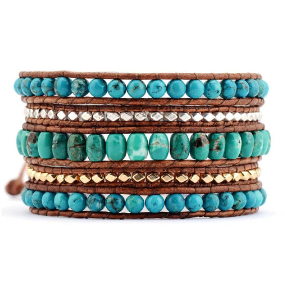 Bohemian Style Cut Angle Turquoise Bracelet Ornament Three-layer Winding Handmade Woven Leather String Bracelet
