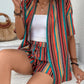 Holiday Floral Print Elegant Two-piece Shirt Short Sleeve Top Drawstring High Waist Shorts