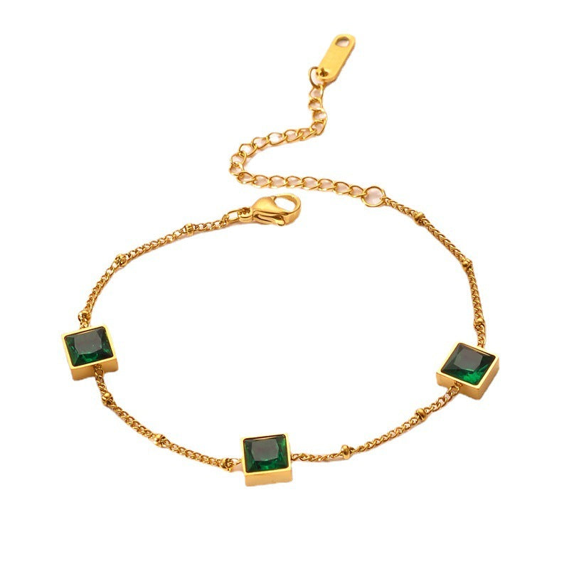 Niche Design Gold Square Emerald Zircon Titanium Steel Bracelet
