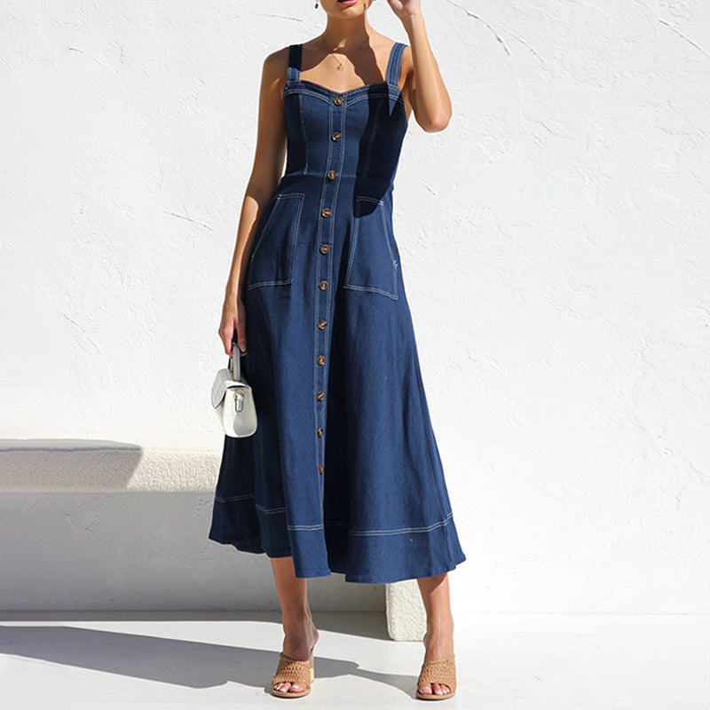 Cross Border Amazon Independent Station Sling Distressed Casual Style Button Denim Long Dress