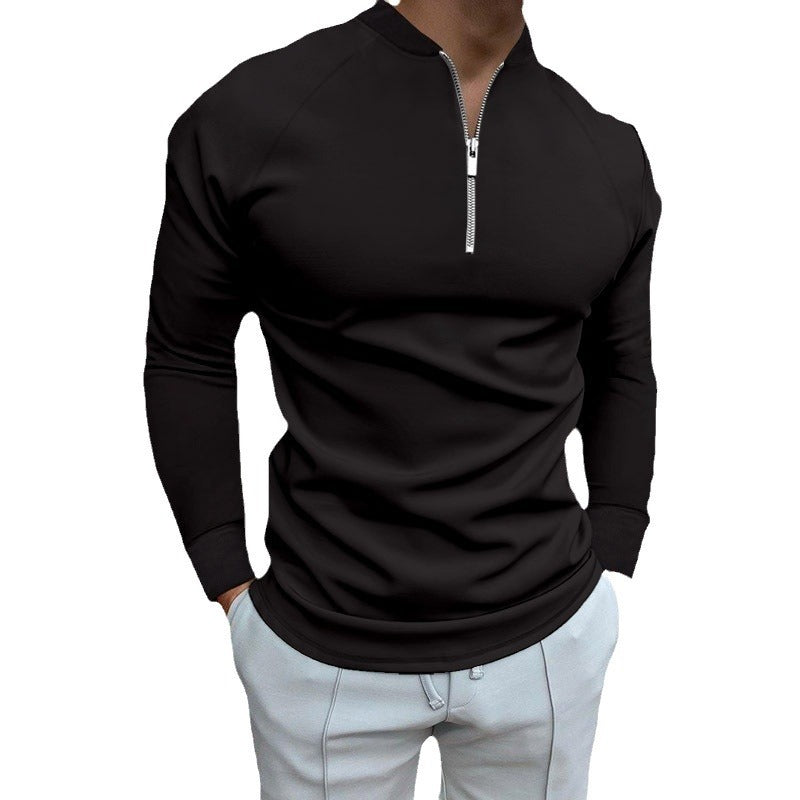 European And American Autumn Solid Color Zipped Round Neck Slim Polo Shirt T-shirt