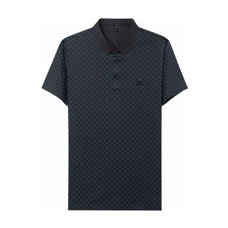 Men's Lapel Plaid Printed Seamless High Elasticity Ice Silk Short Sleeve