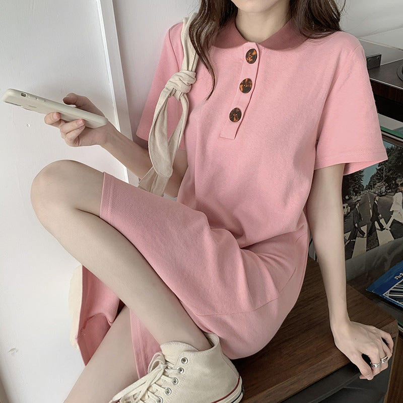 Women's Contrast Color POLO Collar Loose Slim Short Sleeve Mid Length T-Shirt Dress