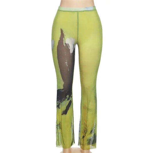 Printed Mesh Flare Leg Pants