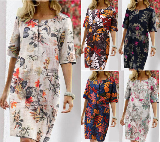 Vintage Dress Women Summer Floral Leaf Print Slit Round Neck Half Sleeve Dresses