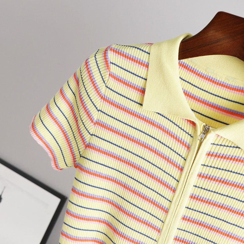 Polo Neck Striped Short Sleeve T-Shirt