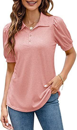 Polo Shirt Button Down Neck Puff Sleeve Loose T Shirt Shirt