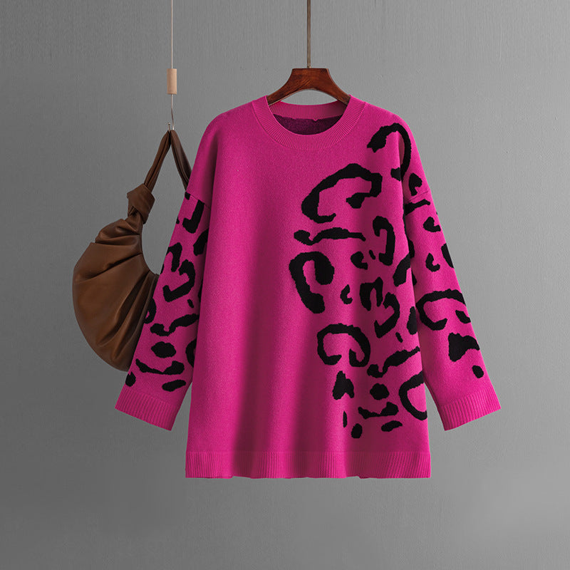 Knitted Brocade Sweater Women's Round Neck Pullover Leopard Print