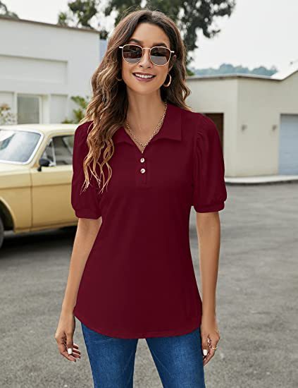 Polo Shirt Button Down Neck Puff Sleeve Loose T Shirt Shirt