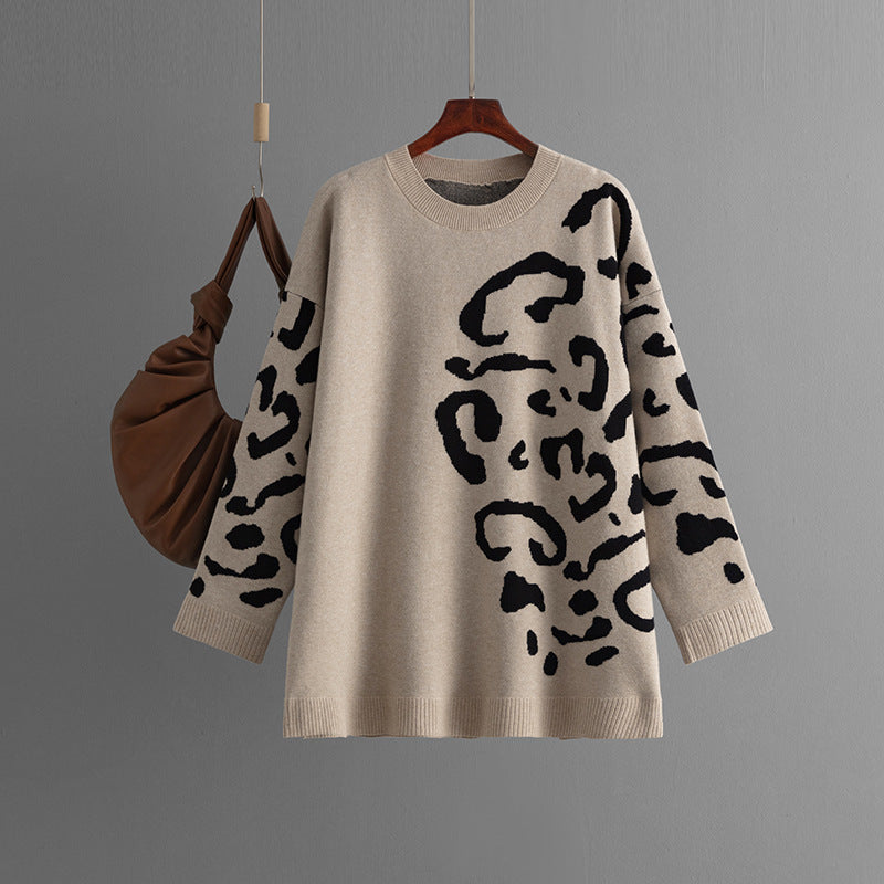 Knitted Brocade Sweater Women's Round Neck Pullover Leopard Print
