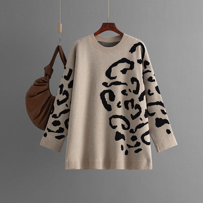 Knitted Brocade Sweater Women's Round Neck Pullover Leopard Print