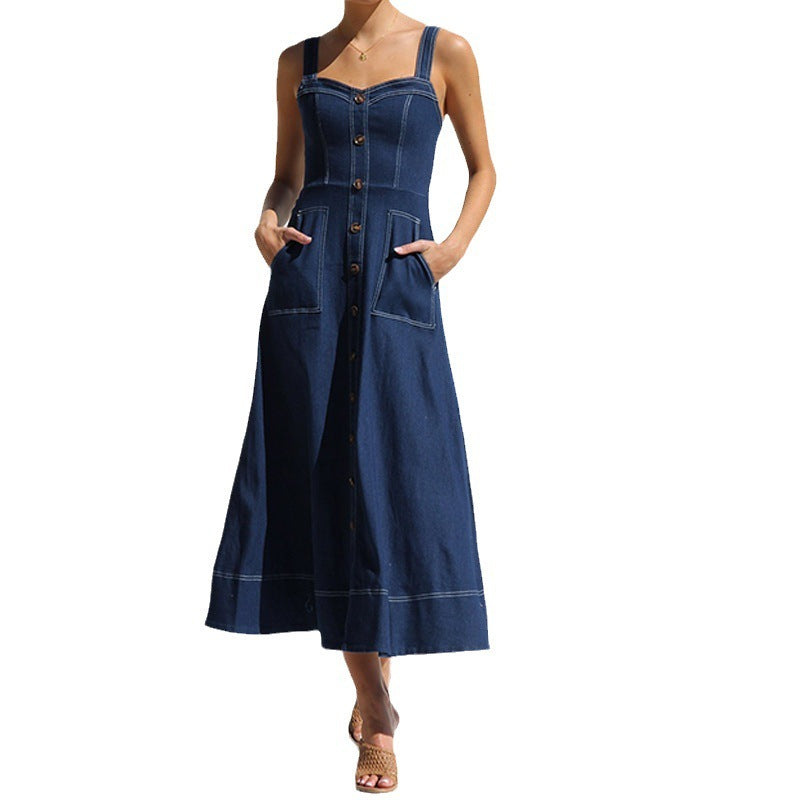 Cross Border Amazon Independent Station Sling Distressed Casual Style Button Denim Long Dress