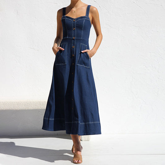 Cross Border Amazon Independent Station Sling Distressed Casual Style Button Denim Long Dress