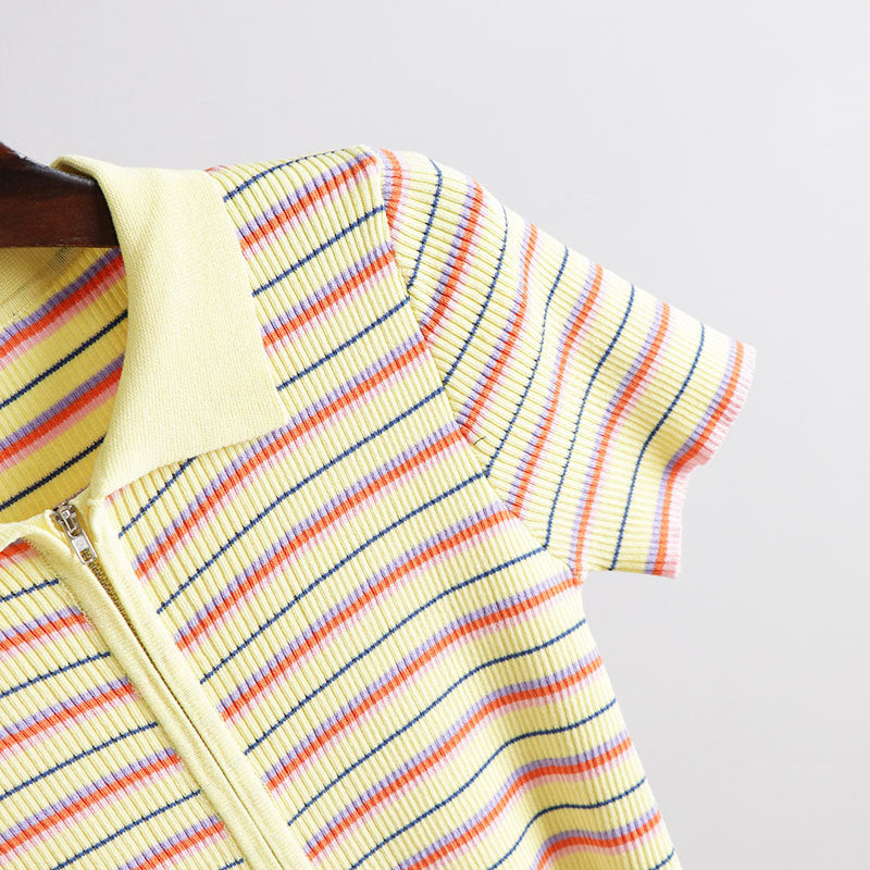 Polo Neck Striped Short Sleeve T-Shirt
