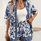 Holiday Floral Print Elegant Two-piece Shirt Short Sleeve Top Drawstring High Waist Shorts