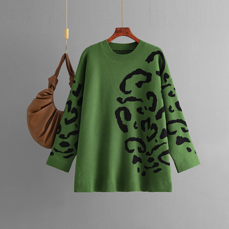 Knitted Brocade Sweater Women's Round Neck Pullover Leopard Print