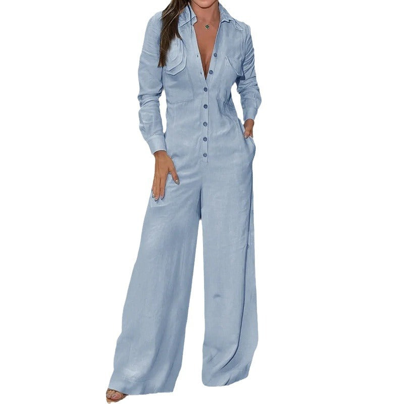 Women's Fashion Polo Collar Casual Solid Color Jumpsuit