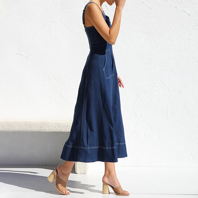 Cross Border Amazon Independent Station Sling Distressed Casual Style Button Denim Long Dress