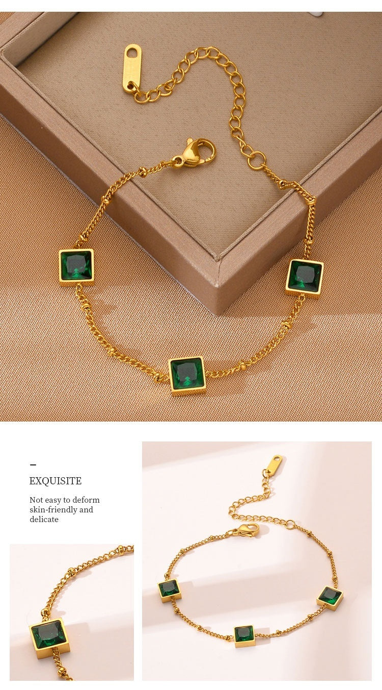 Niche Design Gold Square Emerald Zircon Titanium Steel Bracelet