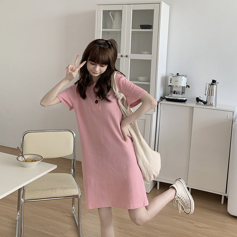 Women's Contrast Color POLO Collar Loose Slim Short Sleeve Mid Length T-Shirt Dress