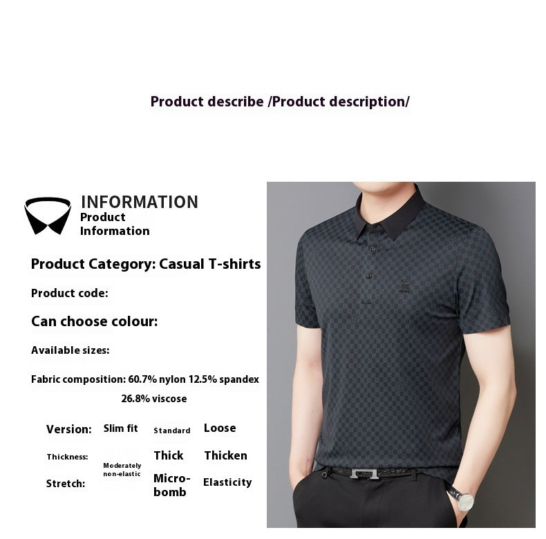 Men's Lapel Plaid Printed Seamless High Elasticity Ice Silk Short Sleeve