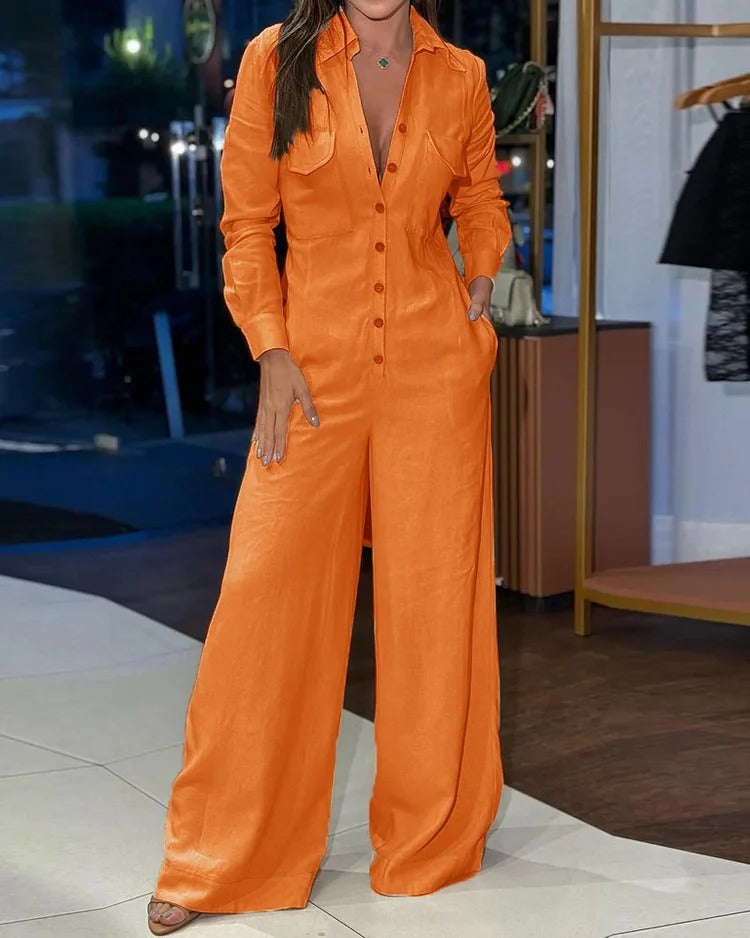 Women's Fashion Polo Collar Casual Solid Color Jumpsuit