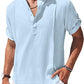 Henley Style Linen Shirt Men Casual Beach Shirt Short Sleeve T-Shirt Summer