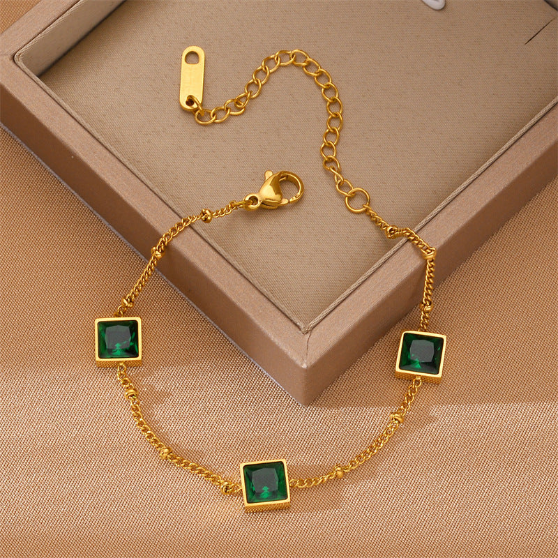 Niche Design Gold Square Emerald Zircon Titanium Steel Bracelet