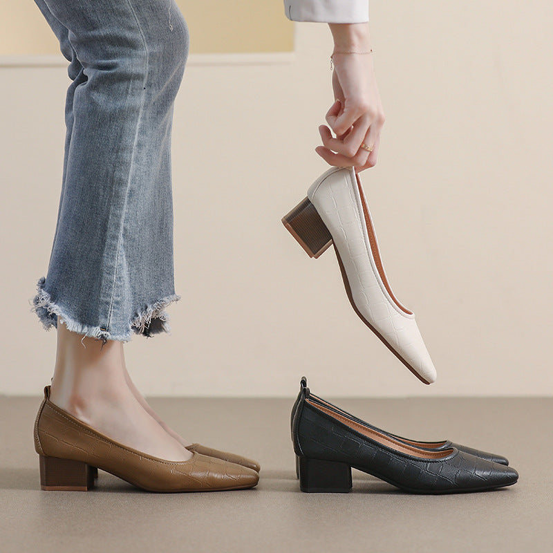 Spring And Autumn High Heels Square Toe Chunky Heel
