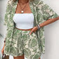 Holiday Floral Print Elegant Two-piece Shirt Short Sleeve Top Drawstring High Waist Shorts