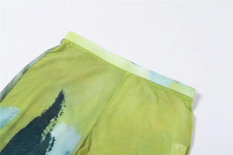Printed Mesh Flare Leg Pants