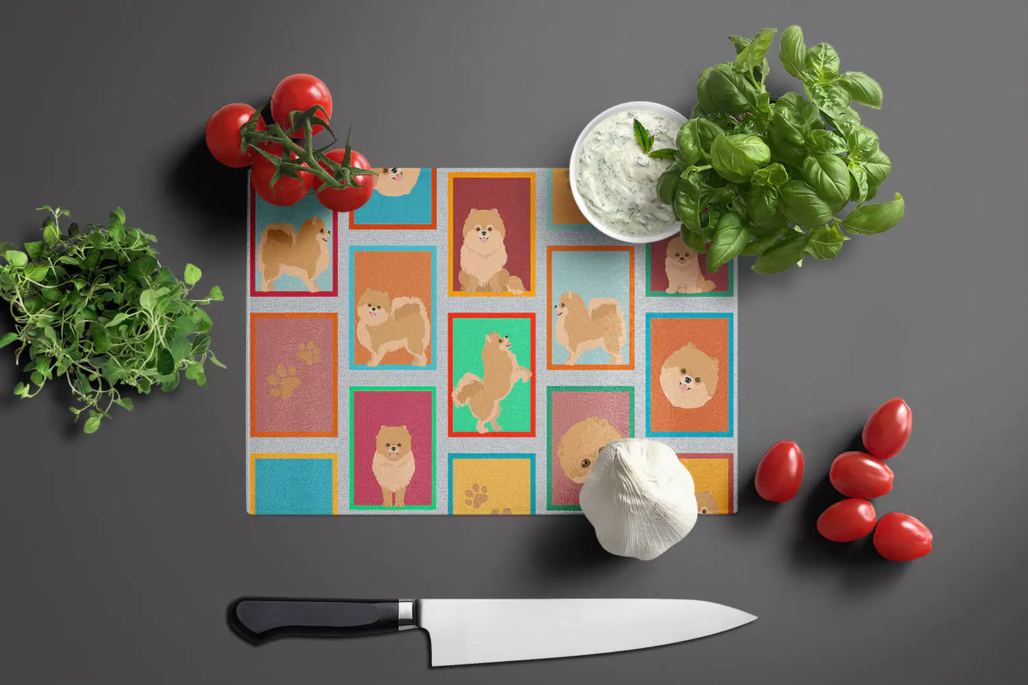 Lots of Orange Pomeranian Glass Cutting Board