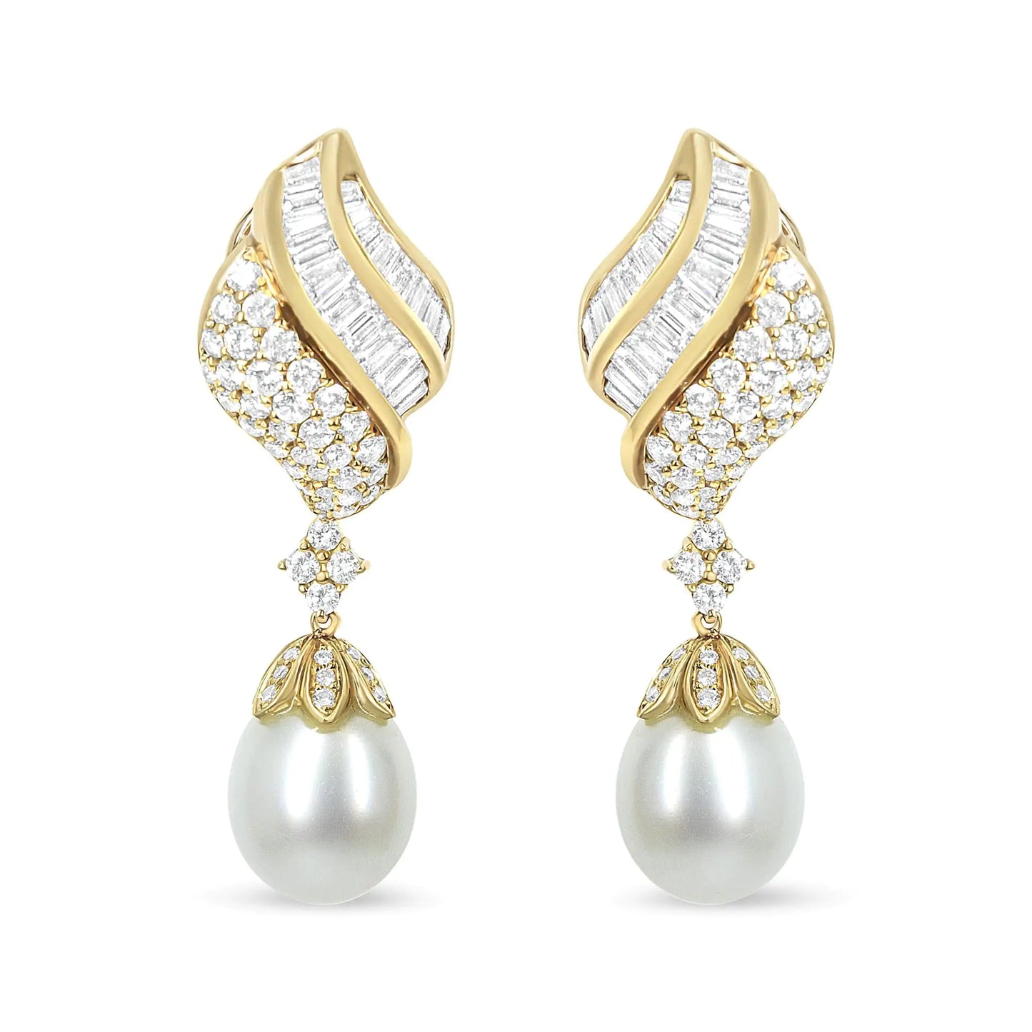 18k Yellow Gold 7.0 Cttw Baguette and Round Diamond South Sea Pearl Drop Dangle Clip-On Earrings (F-G Color, VS1-VS2 Clarity)