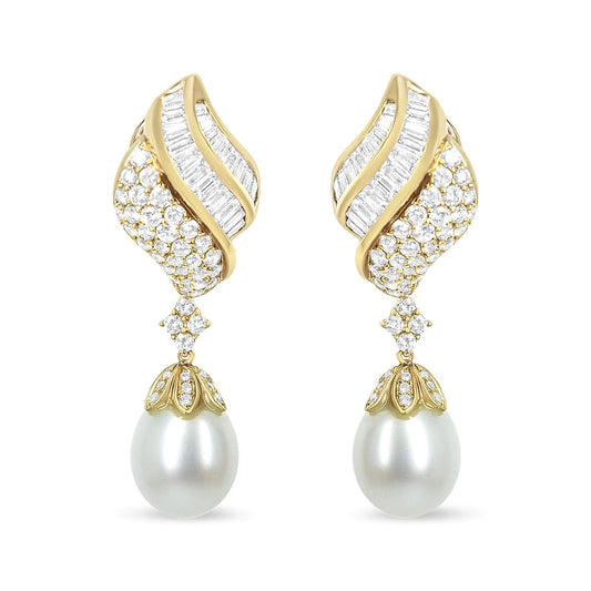 18k Yellow Gold 7.0 Cttw Baguette and Round Diamond South Sea Pearl Drop Dangle Clip-On Earrings (F-G Color, VS1-VS2 Clarity)