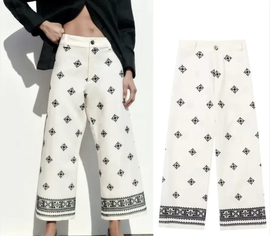 High-Waist Printed Linen Wide-Leg Pants